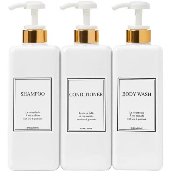 Modern Gold Design Pump Bottle Set 27 oz Refillable Shampoo and Conditioner